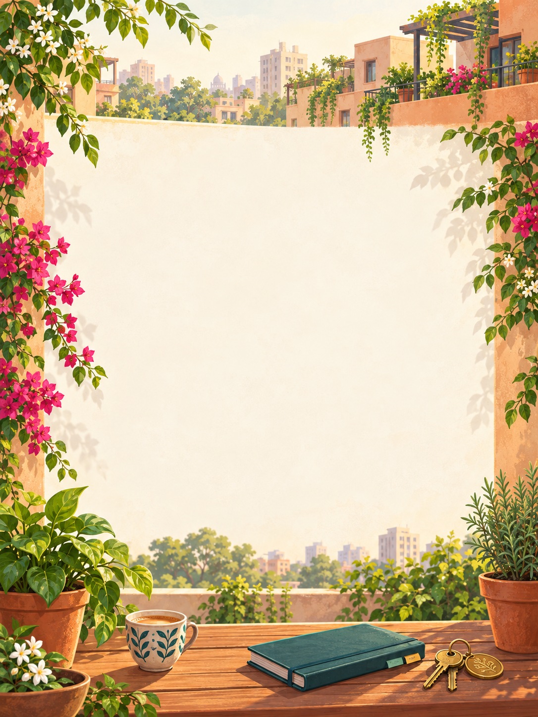 Delhi rooftop garden framing a quiet center, with rental keys and a ledger on a sunlit desk