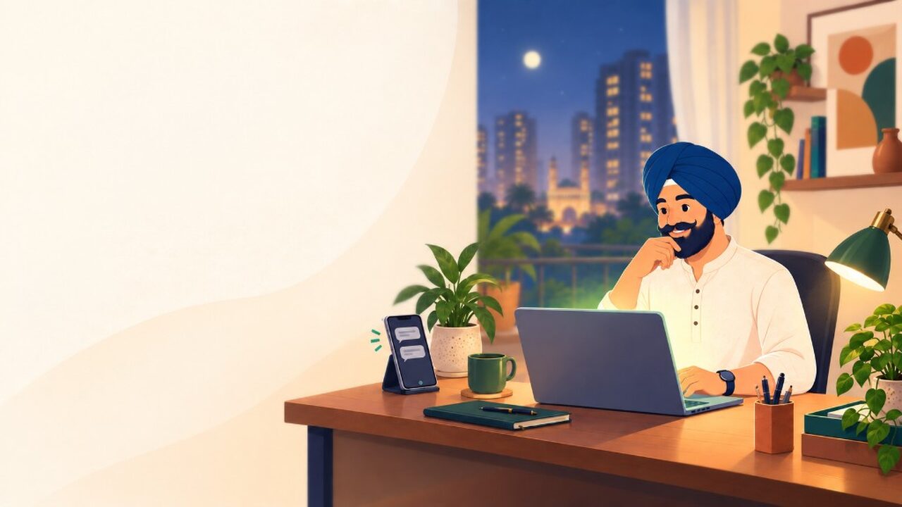 Landlord reviewing rent on a laptop at dusk, with WhatsApp sitting unused on the desk