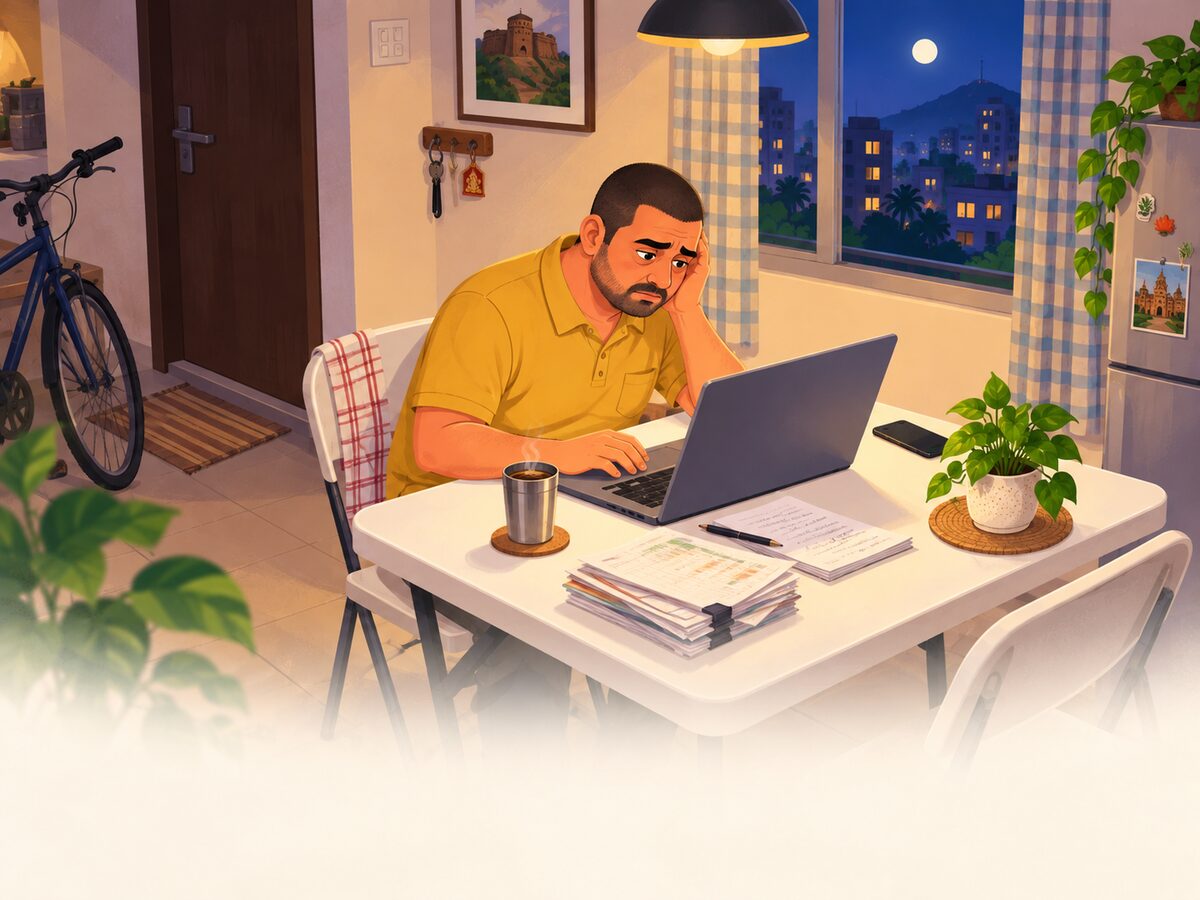 Late-night rent tracking at a dining nook in Pune